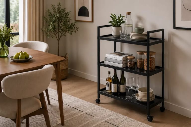 Desserte de cuisine à roulettes dans une petite cuisine moderne