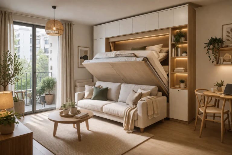 Lit escamotable intégré dans un petit appartement lumineux