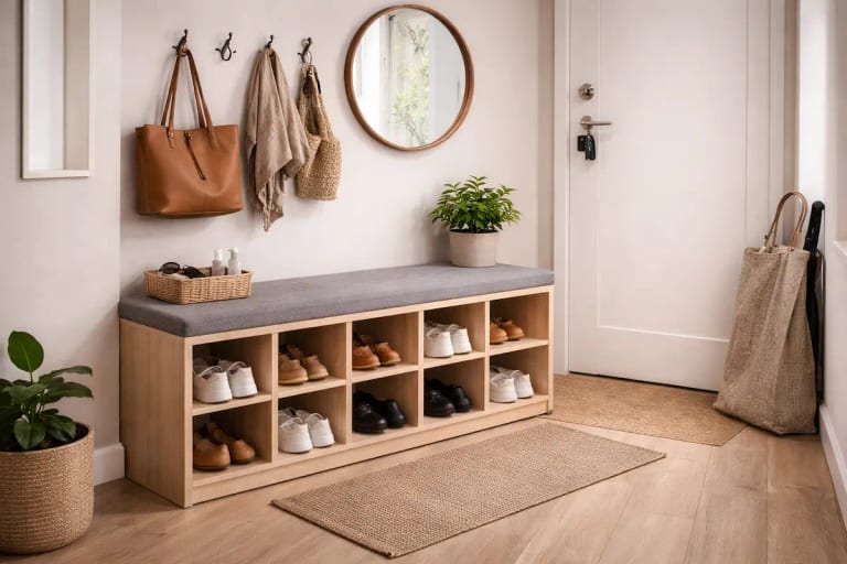 Meuble à chaussures avec banc dans une petite entrée