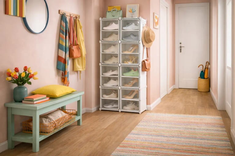 Meuble à chaussures dans une petite entrée optimisée