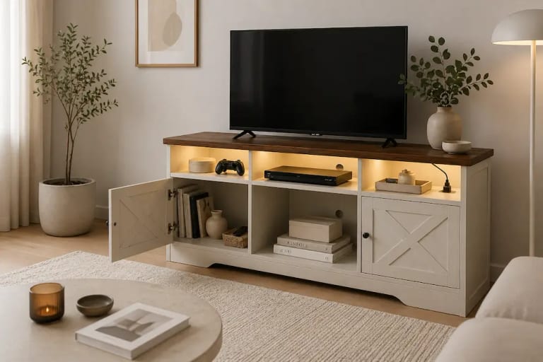 Meuble TV design multifonction dans un petit salon moderne