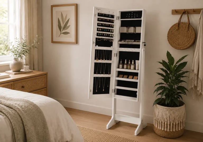 Miroir à bijoux dans une petite chambre