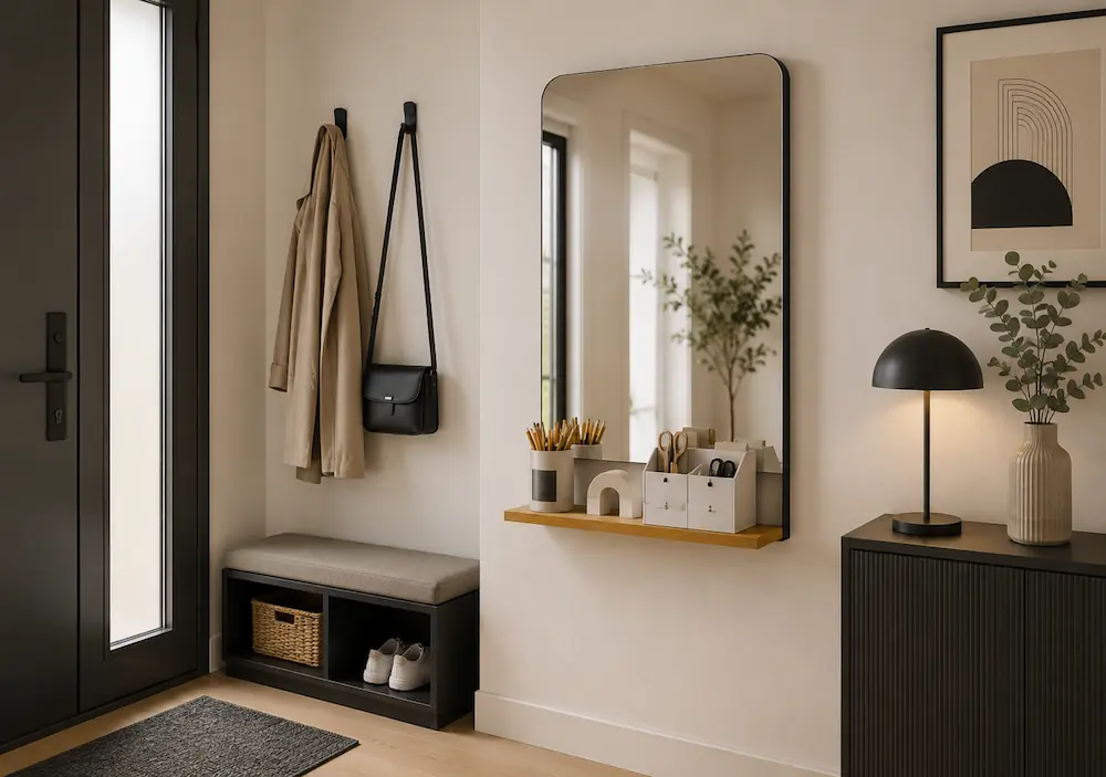 Miroir avec étagères dans une petite entrée