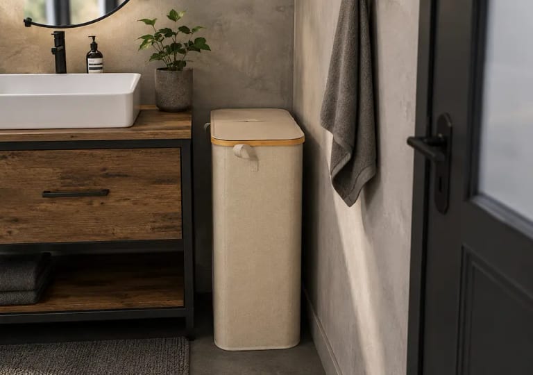 Panier à linge étroit dans une petite salle de bain