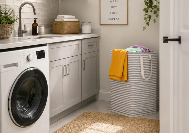 Panier à linge pliable dans une petite buanderie