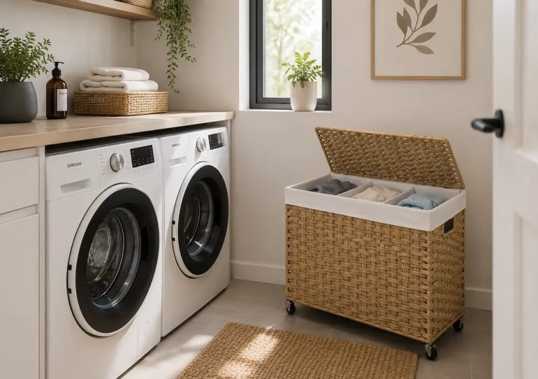 Panier à linge compact dans une petite salle de bain
