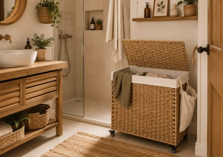 Panier à linge sur roulettes dans une petite salle de bain