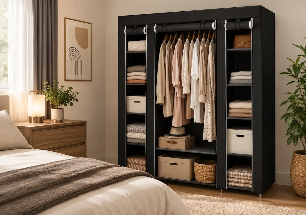 Penderie compacte avec étagères dans une petite chambre