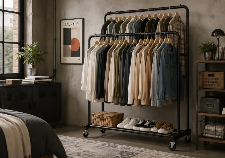 Penderie sur roulettes dans une petite chambre