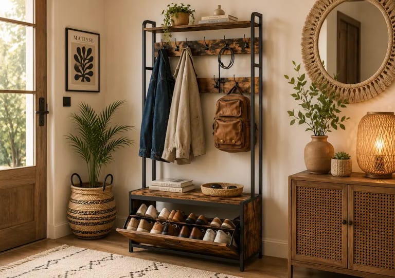 Porte-manteau avec banc dans une petite entrée