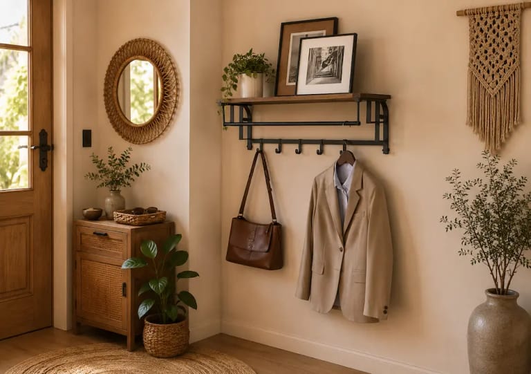 Porte-manteau avec rangement dans une petite entrée