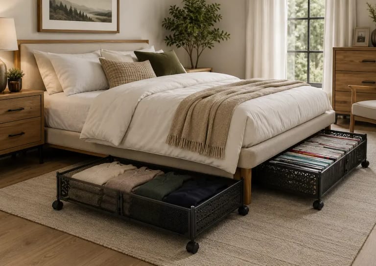 Rangement sous lit dans une petite chambre moderne