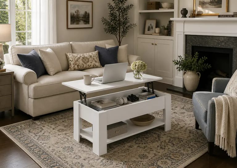 Table basse relevable compacte dans un petit salon moderne