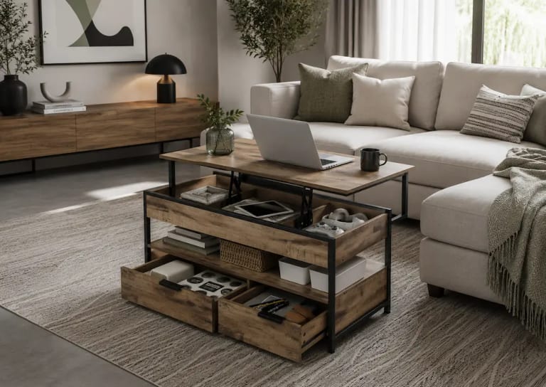 Table basse relevable avec rangement dans un petit salon moderne