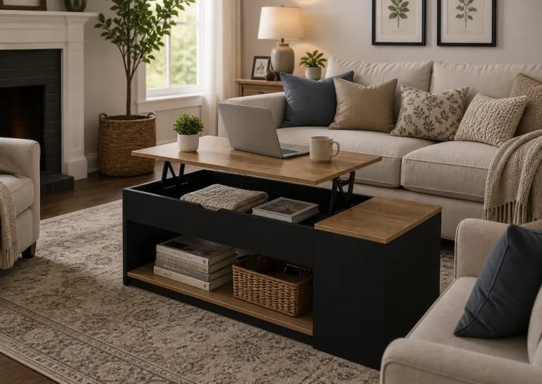 Table basse relevable stable dans un petit salon moderne