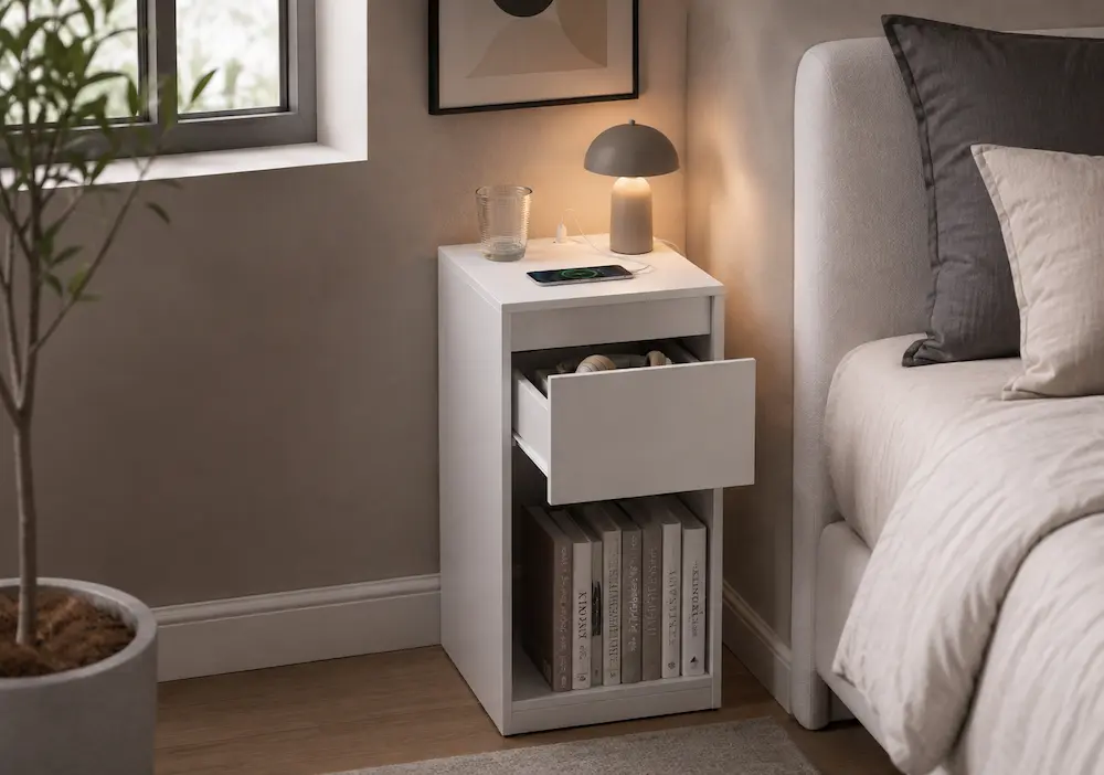 Table de chevet étroite dans une petite chambre