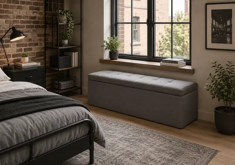 Banc coffre de chambre dos au mur
