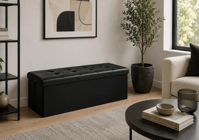 Banc coffre de salon dans un petit espace moderne