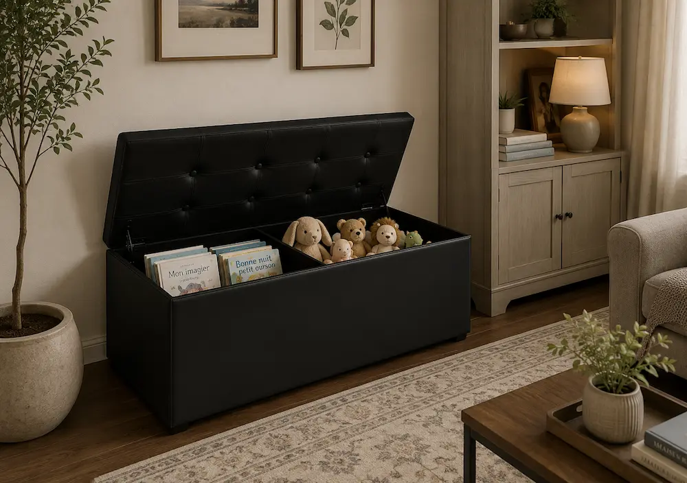 Banc coffre intégré dans un salon moderne