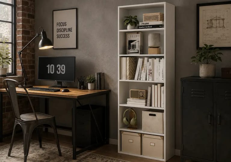 Bibliothèque étroite et haute dans un petit salon