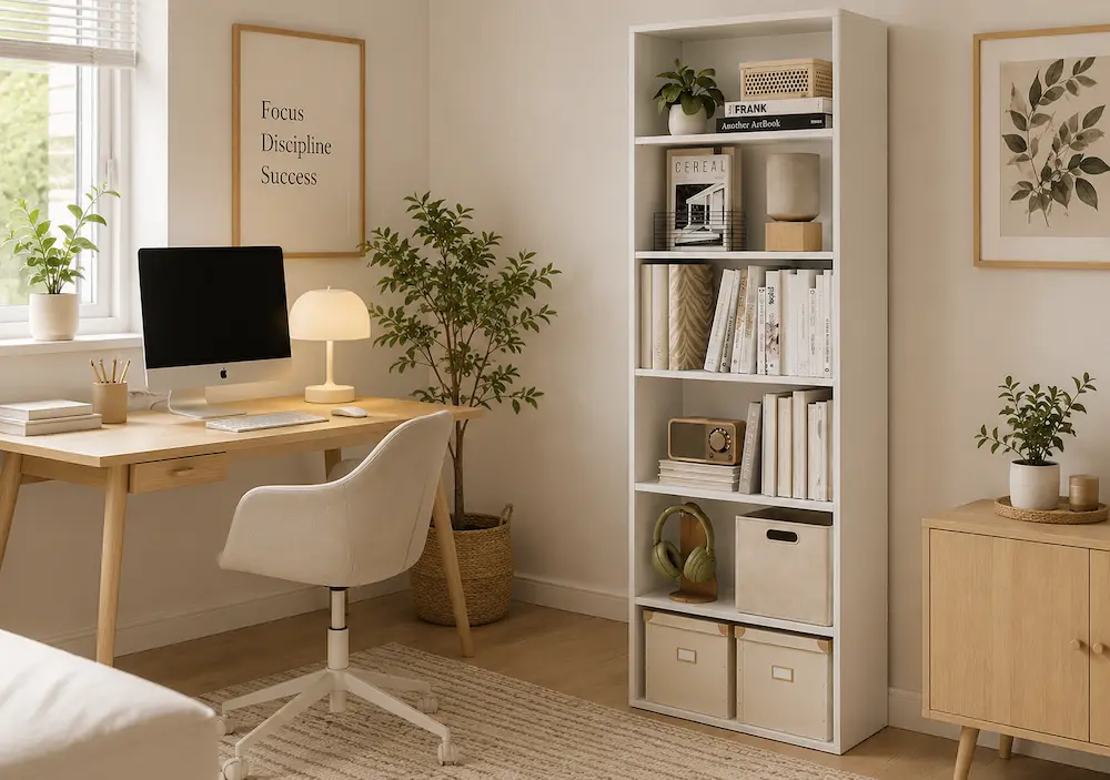 Bibliothèque étroite et haute dans un petit salon