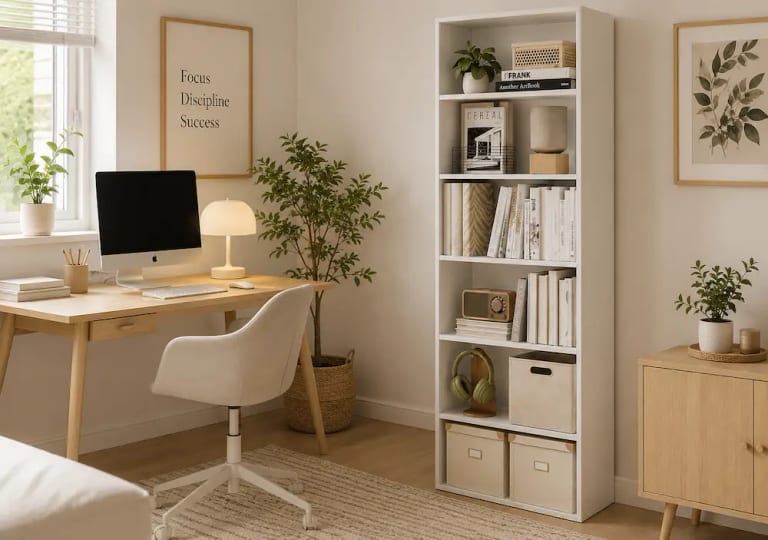 Bibliothèque étroite et haute dans un petit bureau