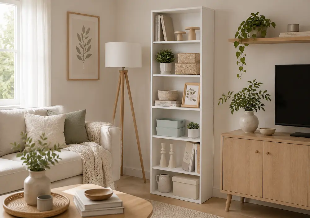 Bibliothèque étroite et haute utilisée dans une petite chambre