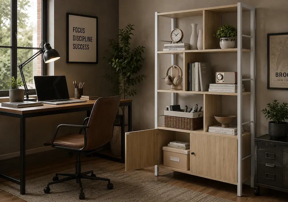 Bibliothèque avec portes utilisée dans un bureau