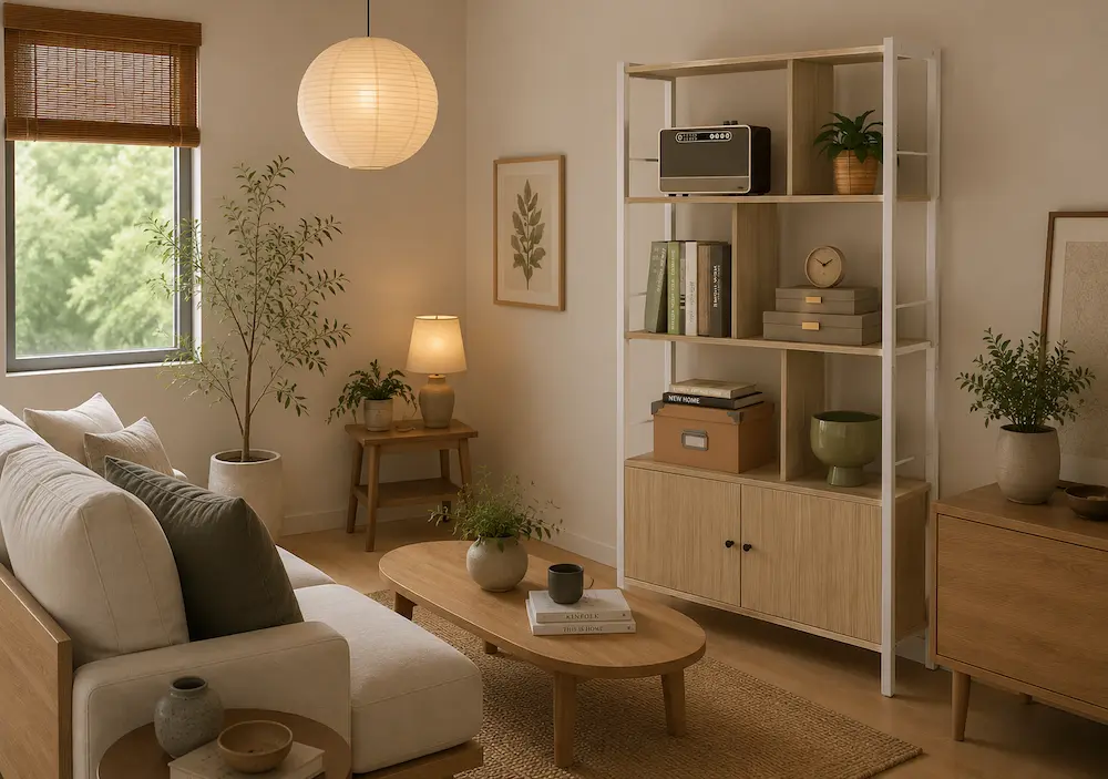 Bibliothèque avec portes dans un salon moderne