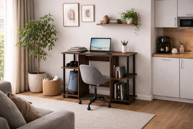 Bureau compact avec rangement dans un petit espace optimisé