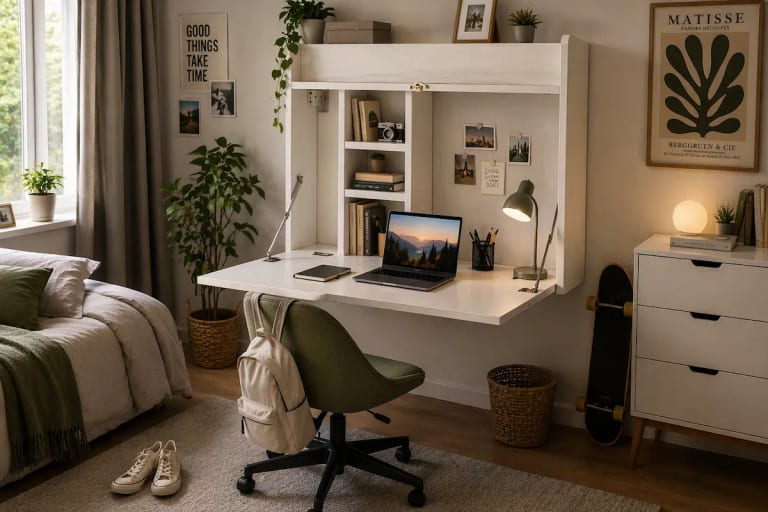 Bureau escamotable mural intégré dans un mur moderne