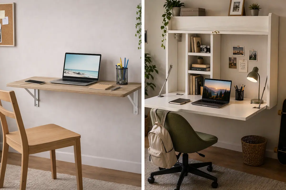 Bureau pliable intégré dans un petit espace optimisé