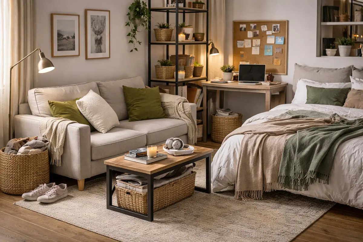 Petit espace encombré avec canapé classique et lit