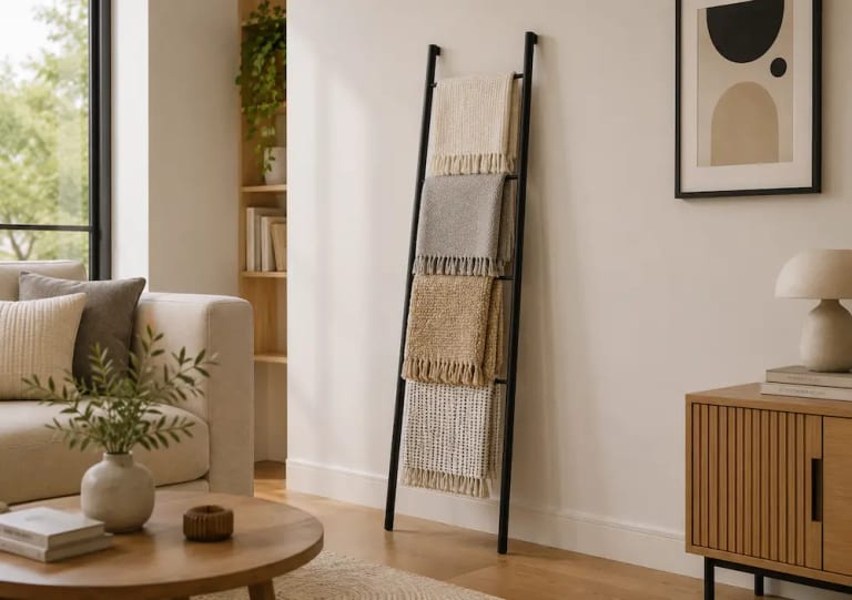 Échelle de rangement dans un petit salon moderne