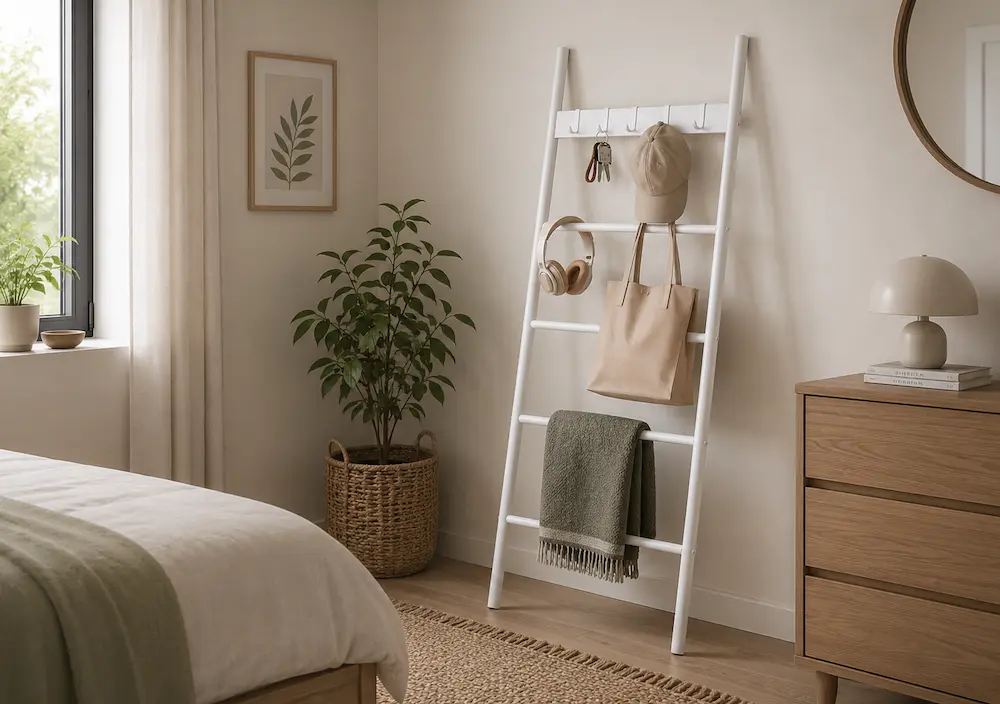 Échelle porte-vêtements utilisée dans une chambre