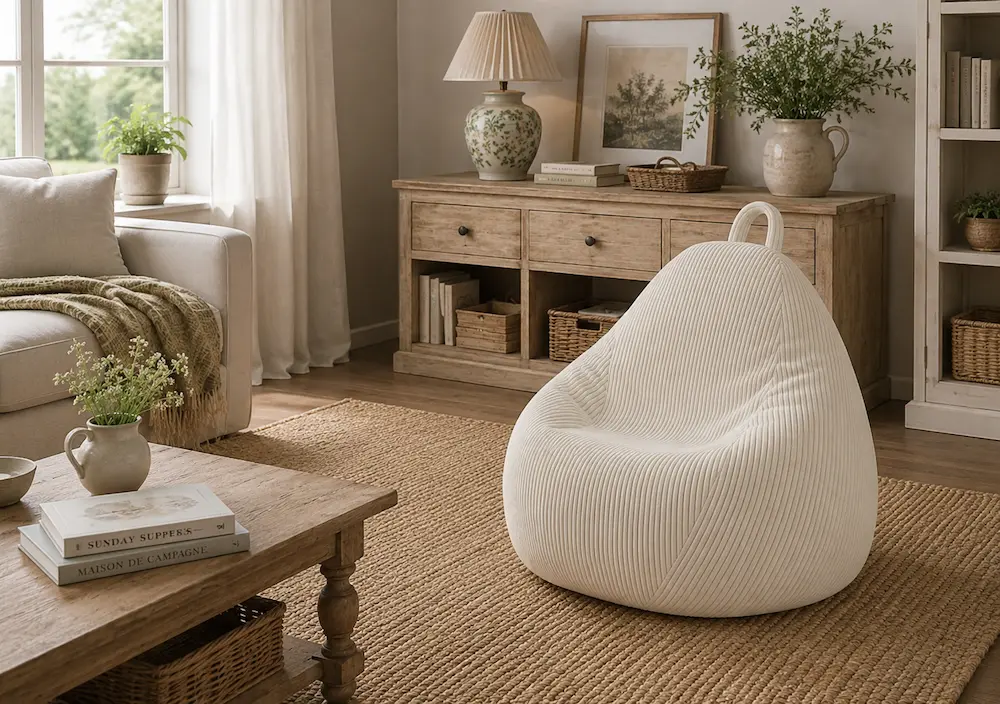 Pouf convertible utilisé comme repose-pieds dans un petit salon