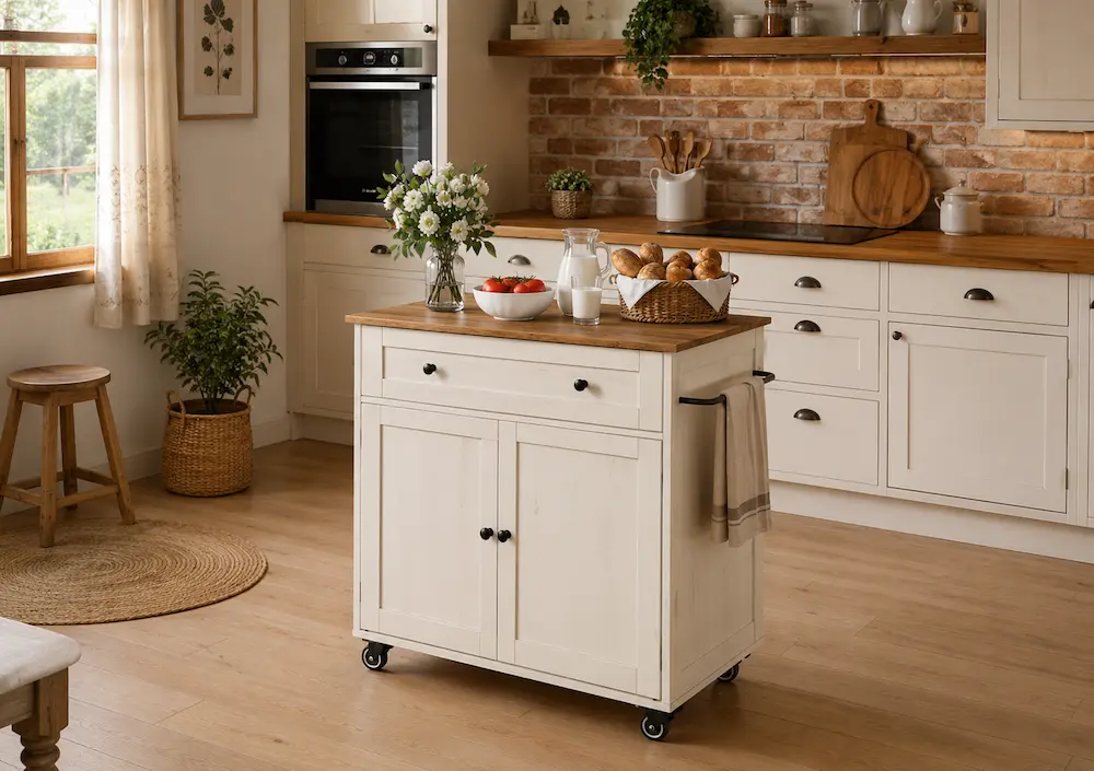 Îlot de cuisine mobile utilisé dans une petite cuisine moderne