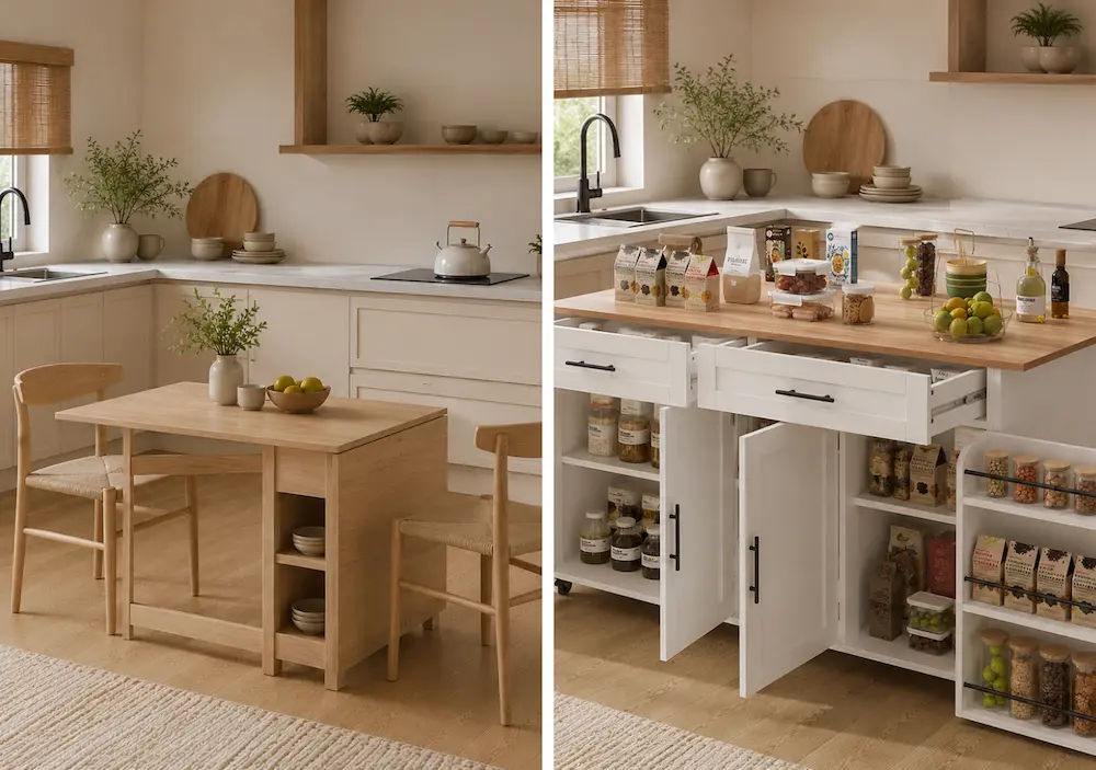 Avant après avec un îlot compact dans une petite cuisine