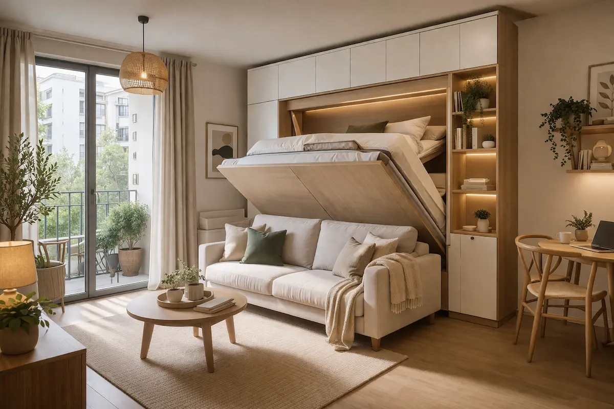 Lit escamotable intégré dans un petit appartement lumineux