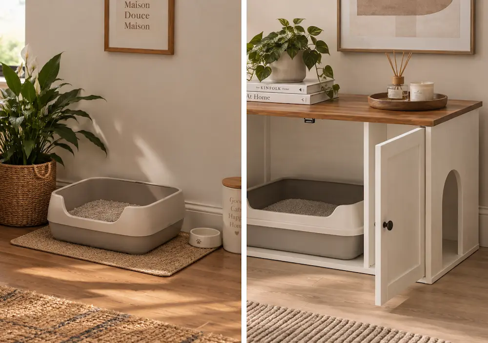 Avant après avec un meuble cache-litière compact dans un petit appartement