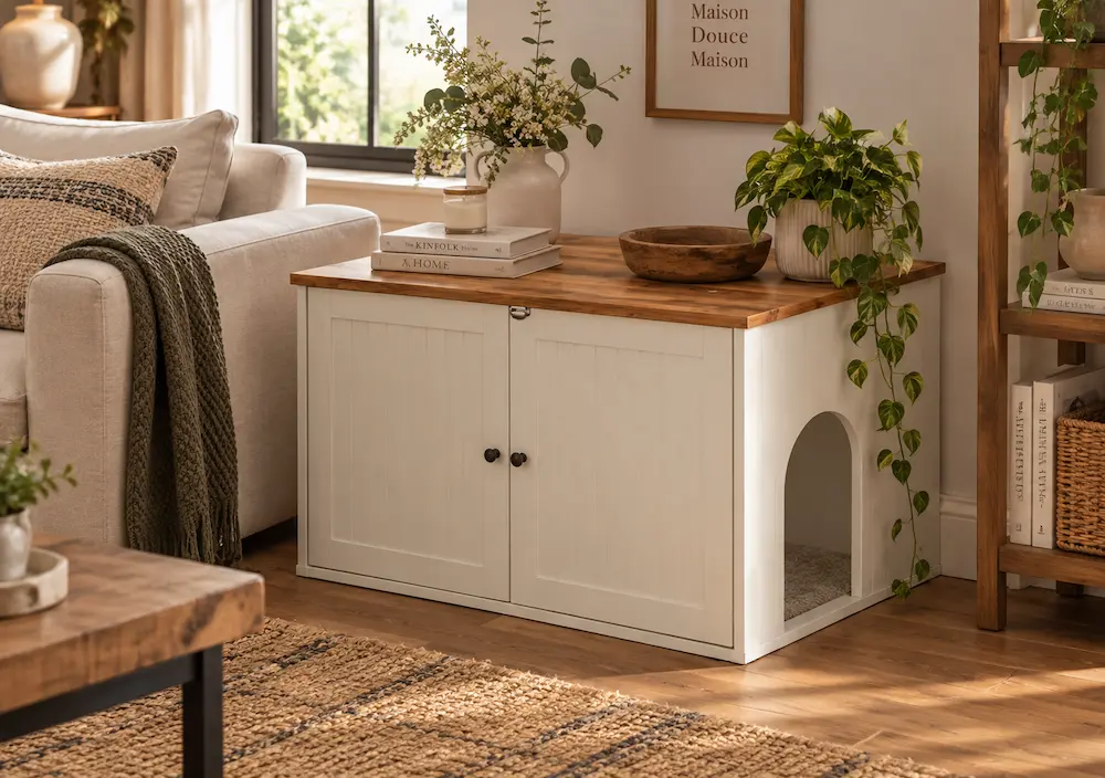 Meuble cache-litière compact pour petit appartement