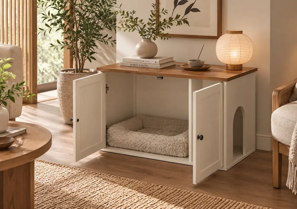 Petit appartement optimisé avec un meuble cache-litière compact