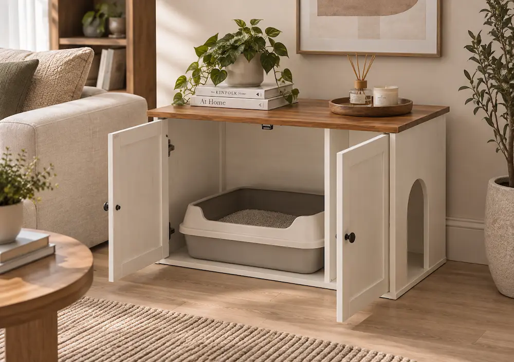 Meuble cache-litière compact intégré dans un petit salon