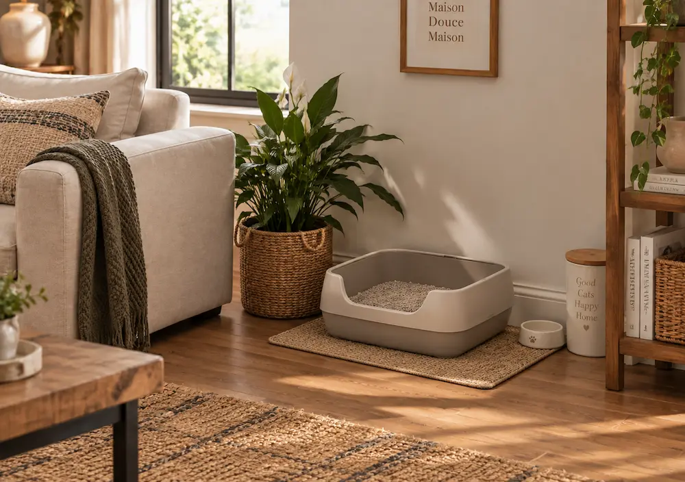 Bac à litière visible dans un petit appartement