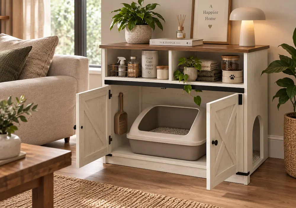 Meuble cache-litière avec rangement intégré dans un petit salon