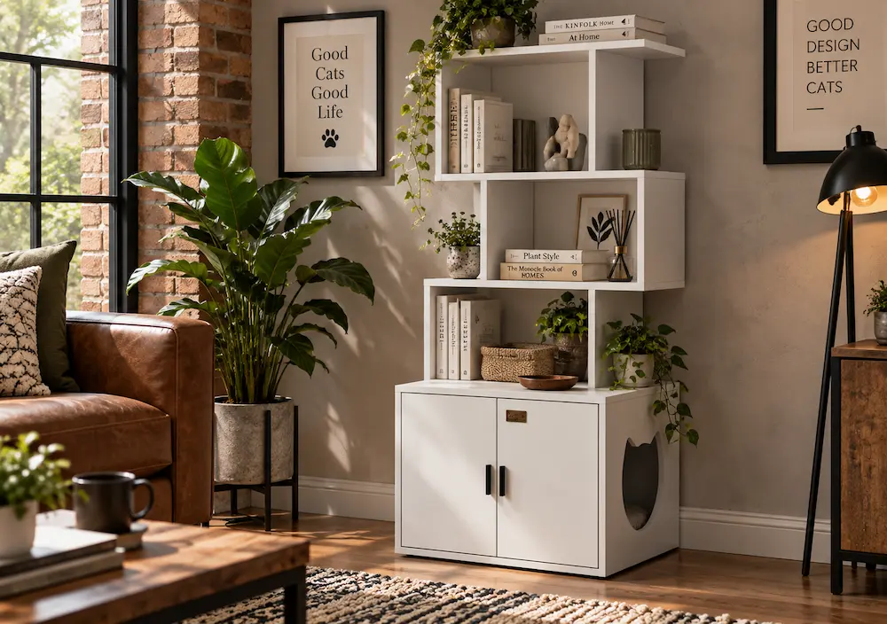 Meuble cache-litière vertical installé contre un mur dans un petit salon
