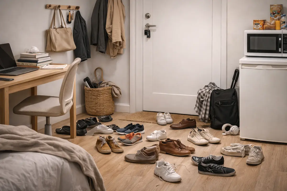 Chaussures encombrant un couloir étroit