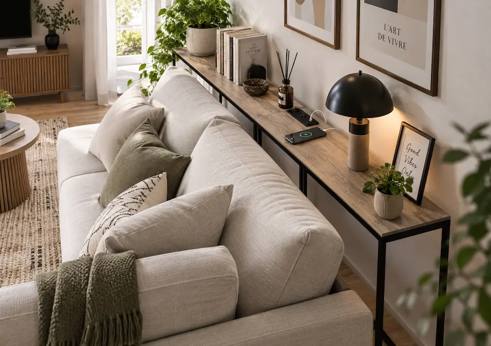 Meuble étroit installé derrière un canapé dans un petit salon