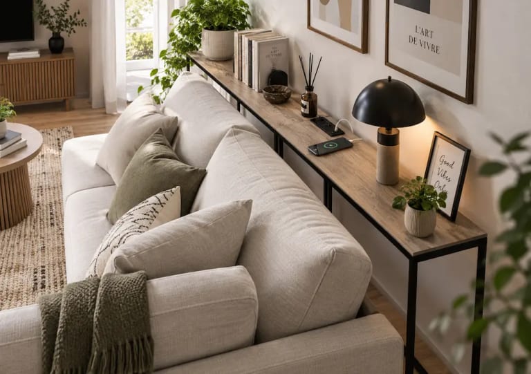 Meuble étroit installé derrière un canapé dans un petit salon
