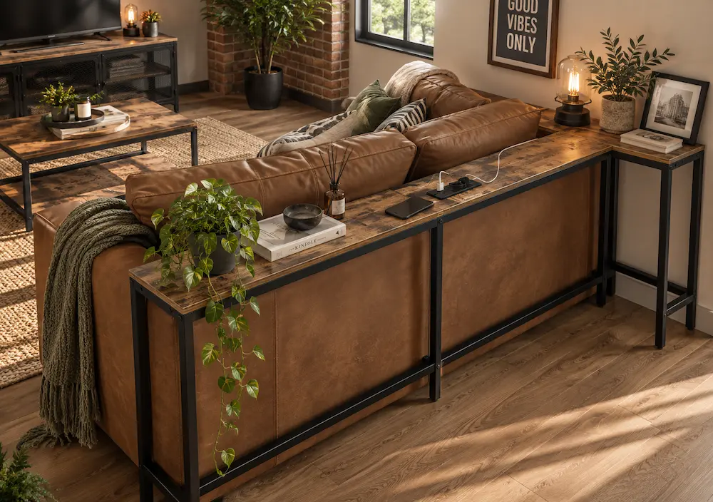 Petit salon optimisé avec console et prises derrière le canapé